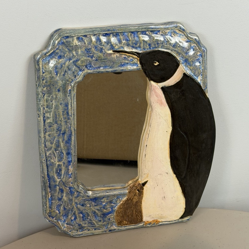 Signed Studio Pottery Penguin Mirror Wall Art Ceramic Folk Art Cincinnati Ohio